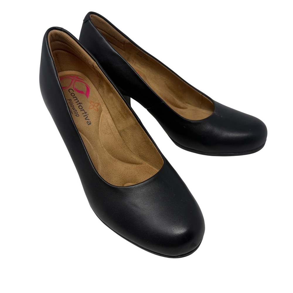 Comfortiva Pillowtop Pumps Womens 9.5W Black Excellent Leather Block Heel Shoes